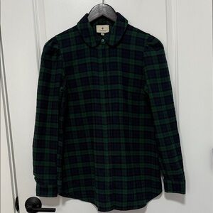 Tuckernuck Saranac Shirt Green Black Plaid Cotton Flannel Puffed Shoulder size M